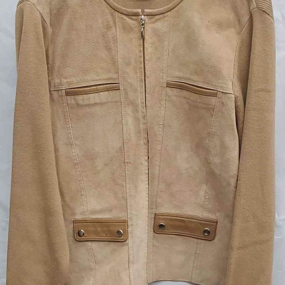 Escapade Designer Brown Leather Long Sleeve Pockets Jacket Coat Size Large